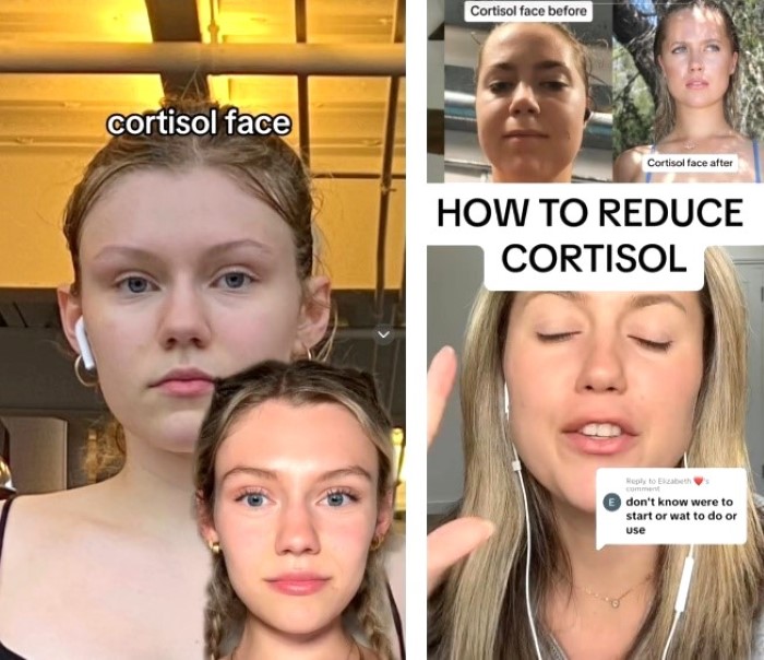 Những bài đăng về cách xử lý gương mặt sưng phù, mệt mỏi do mức cortisol cao trên mạng xã hội - Ảnh: tiktok.com/@itsbrookeelle; tiktok.com/@nutritionistkristen