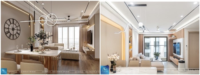 Hình ảnh thiết kế (Bên trái) và hình ảnh thực tế (Bên phải) căn hộ F10 Feliz Homes Hoàng Mai