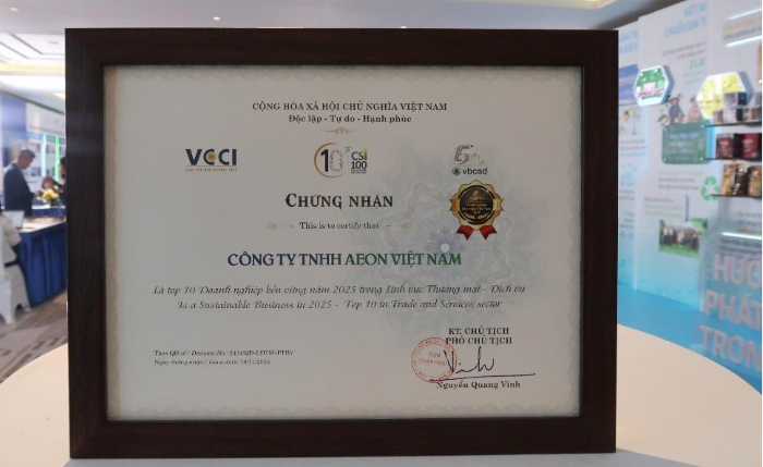 Danh hiệu Top 3 Doanh nghiệp Bền vững ngành Thương Mại-Dịch vụ củng cố vị thế tiên phong của AEON Việt Nam trong hành trình kiến tạo doanh nghiệp phát triển bền vững